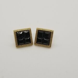 black square earrings with gold border